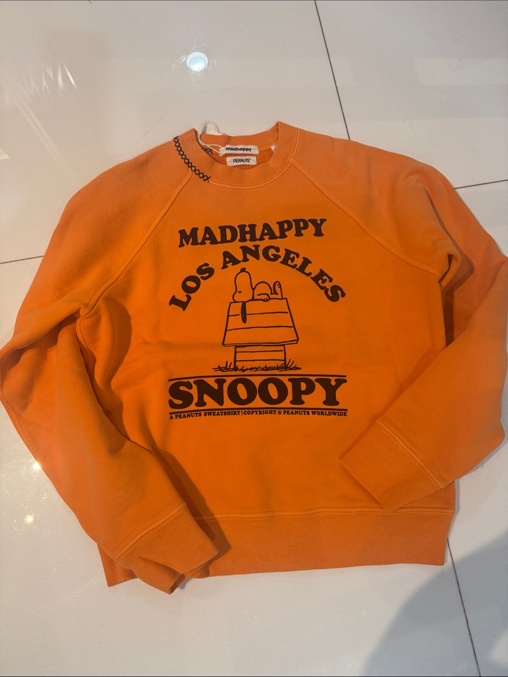 Madhappy x Peanuts collab, Adult Orange Snoopy Los Angeles Crewneck